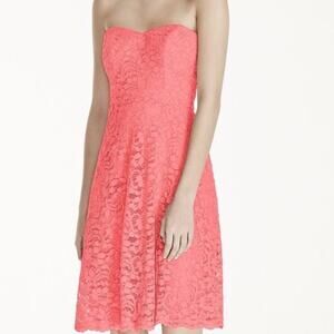 David's Bridal Strapless Coral Pink Lace Dress